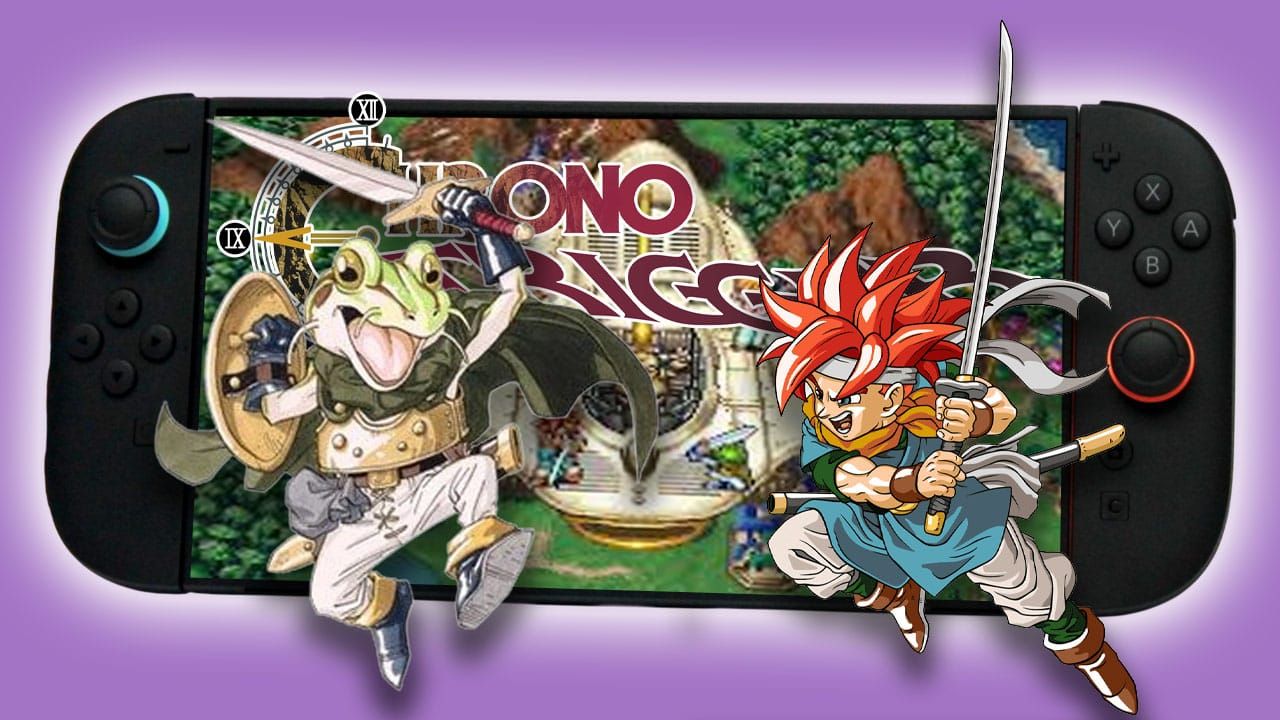 Chrono Trigger characters in front of a Nintendo Switch 2. There is a scene of gameplay from the original game on the screen