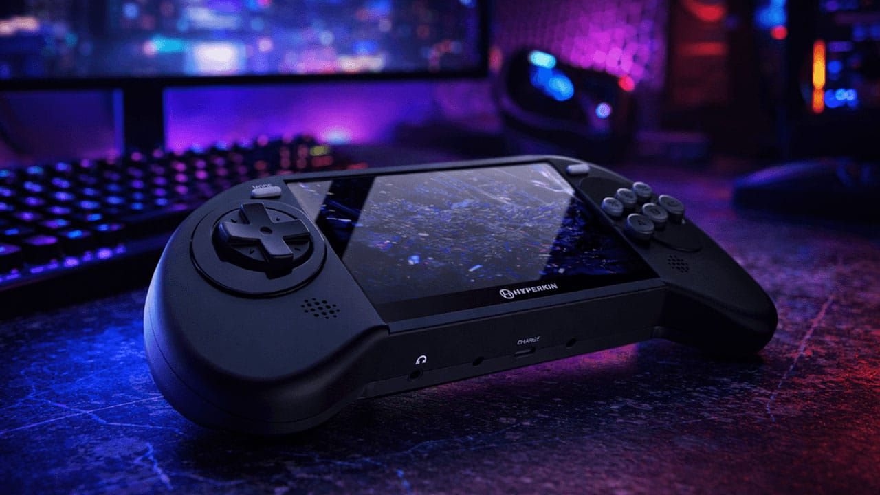 Hyperkin Mega95 handheld on a desk with purple lighting behind it