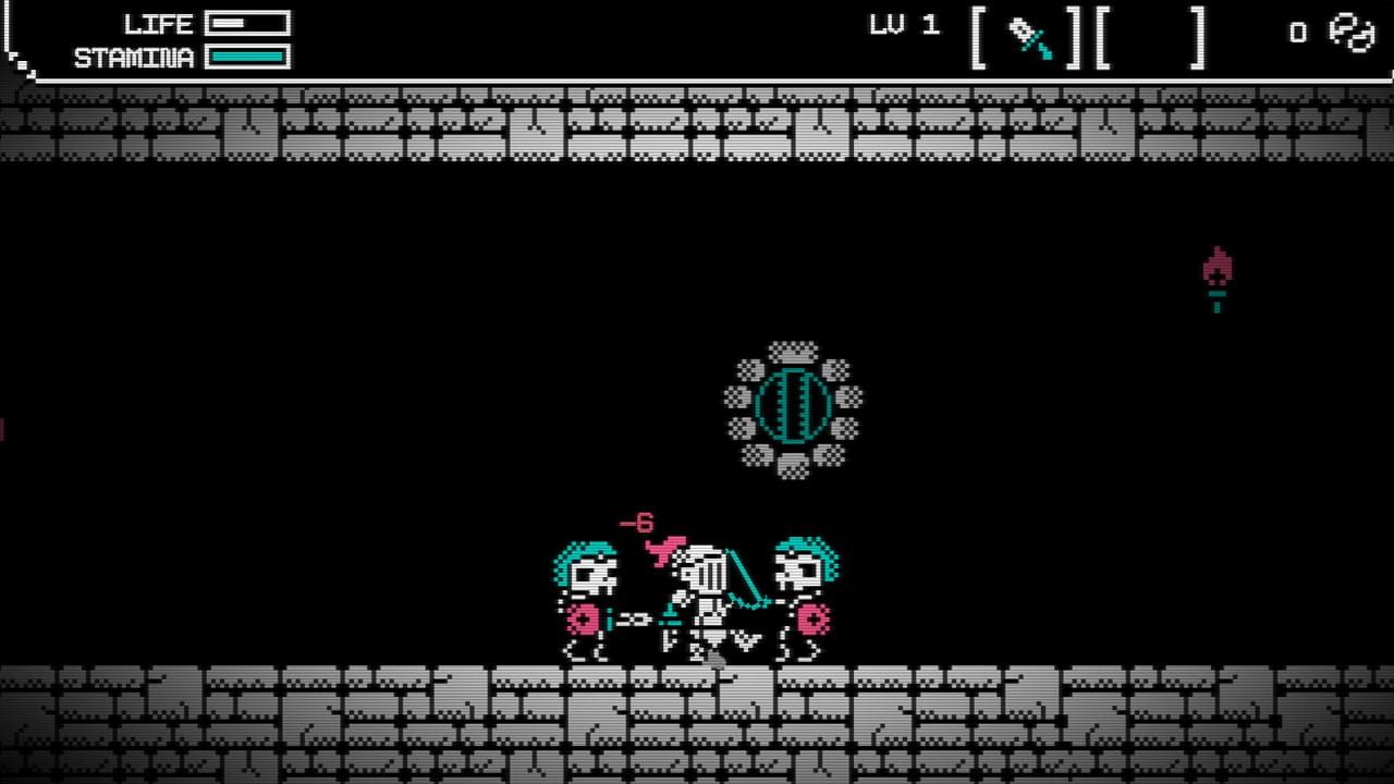 Gameplay of a Dark Souls demake showing a simple knight fighting two skeletons