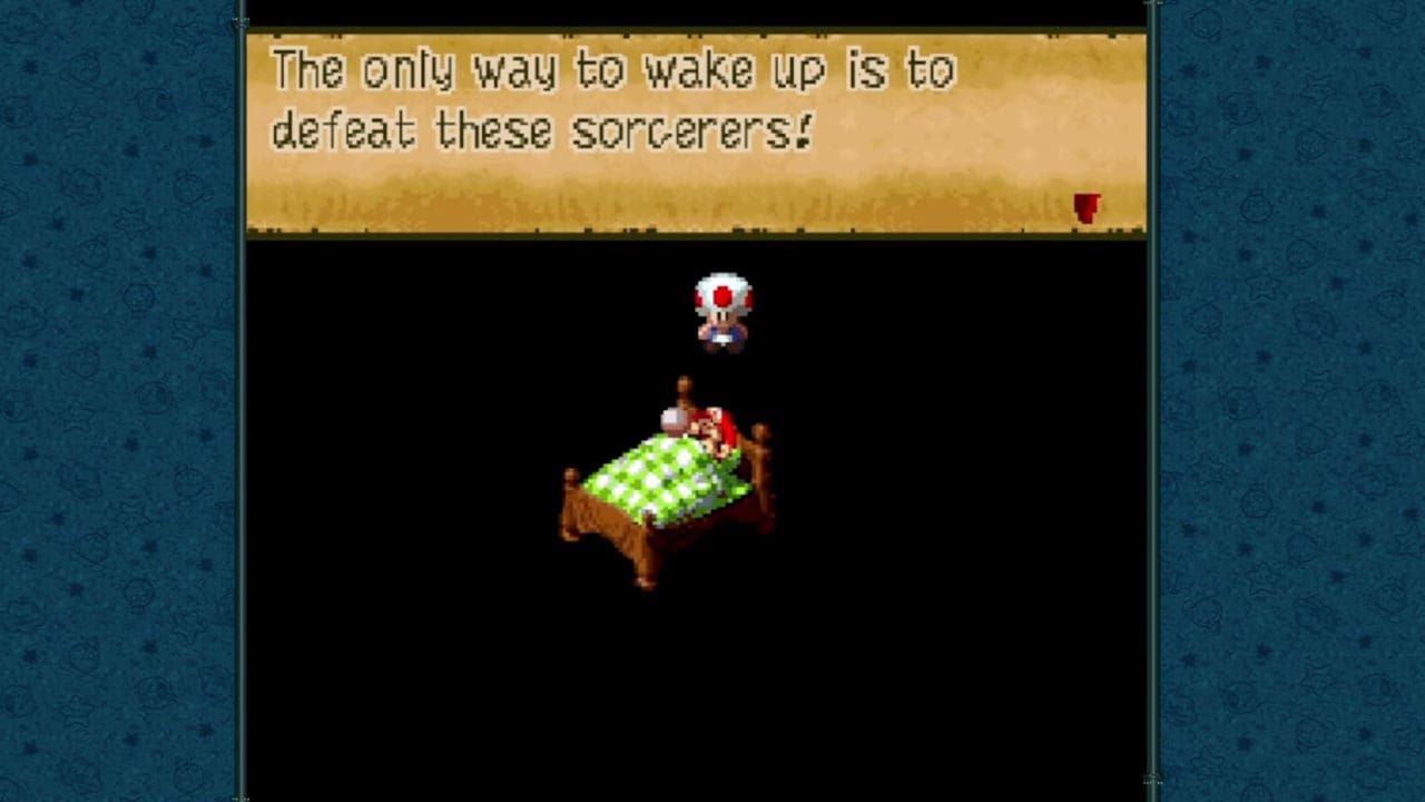 Gameplay showing Mario laying in a bed with Toad talking above his head
