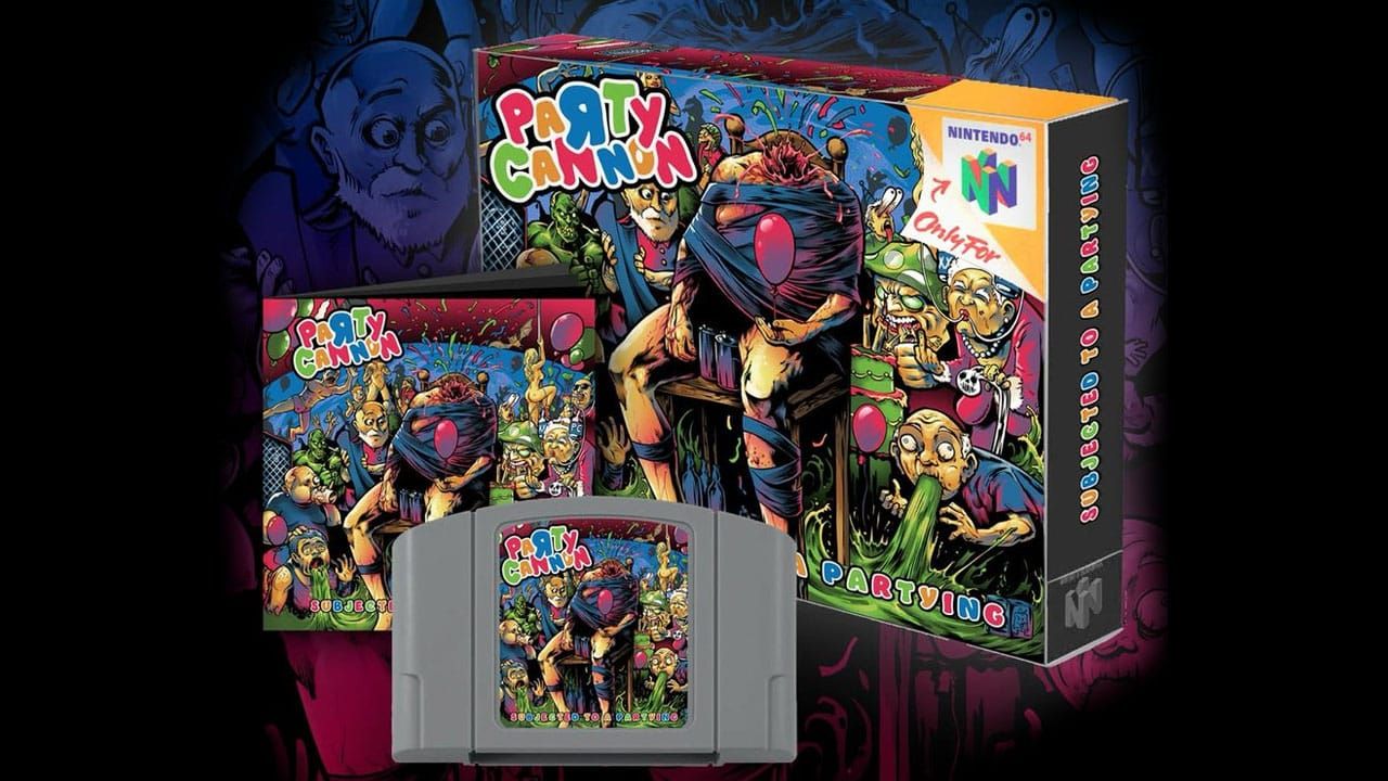 An image of an N64 cartridge, box, and manual for an album by Scottish band Party Cannon