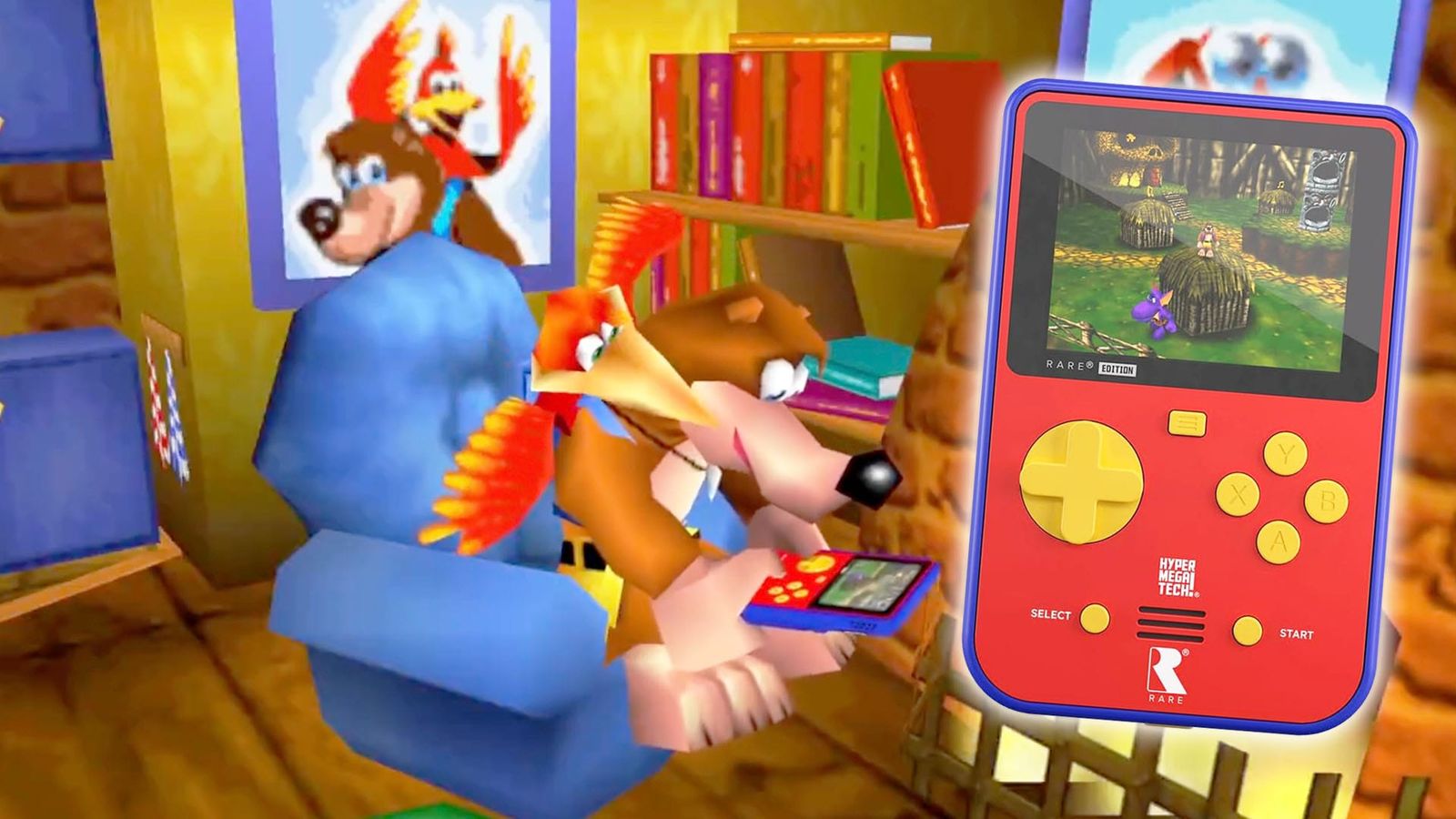 Banjo & Kazooie playing with the Rare Edition Super Pocket handheld