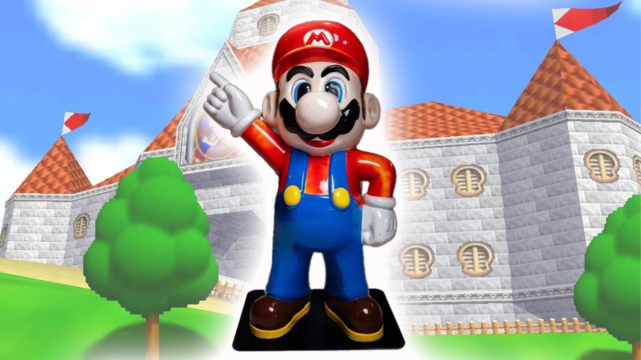 A rare Super Mario statue superimposed over Princess Peach's castle