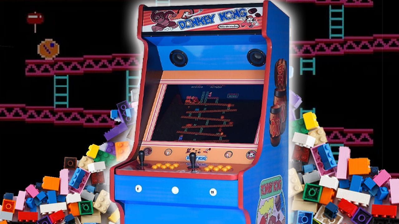 Donkey Kong arcade cabinet with LEGO bricks pouring down either side