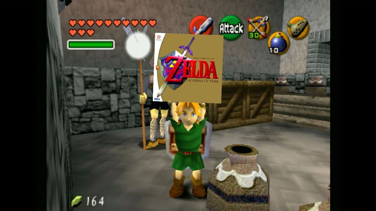 Link holding a Dreamcast game box for Legend of Zelda Ocarina of Time