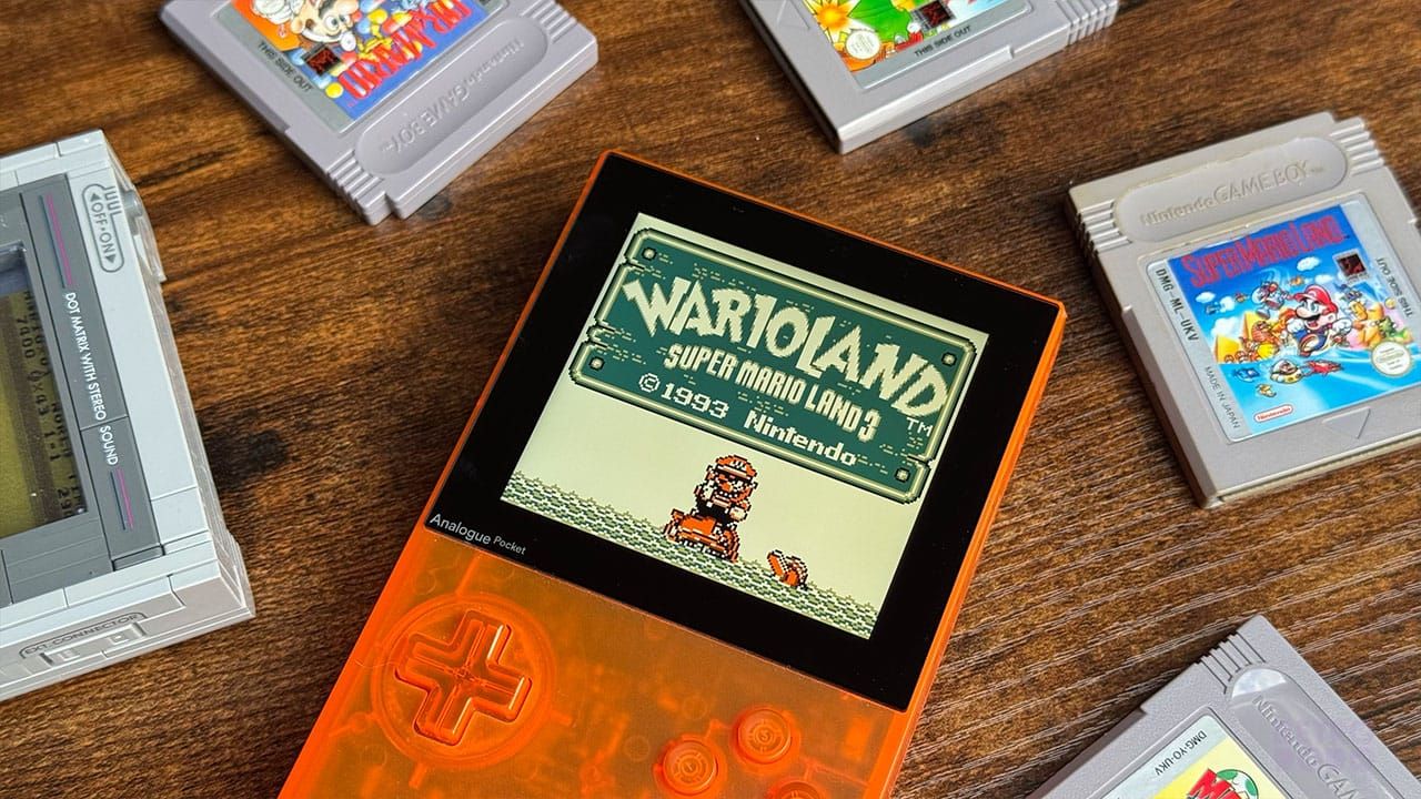Wario Land: Super Mario Land 3 title screen on Seb's orange Analogue Pocket