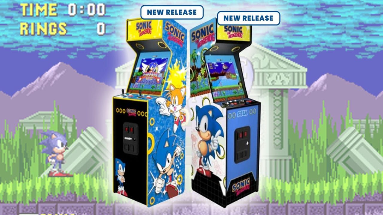 Two arcade cabinets on a Sonic level background