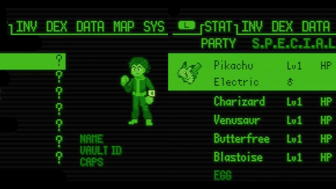 Pokémon trainer and Pokemon from the Pip-Boy 3000 start menu visuals
