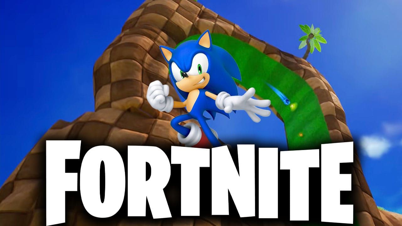 Sonic Fortnite zone with Sonic and Fortnite logo