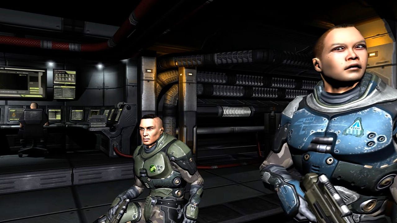 Two soldiers in futuristic battle gear