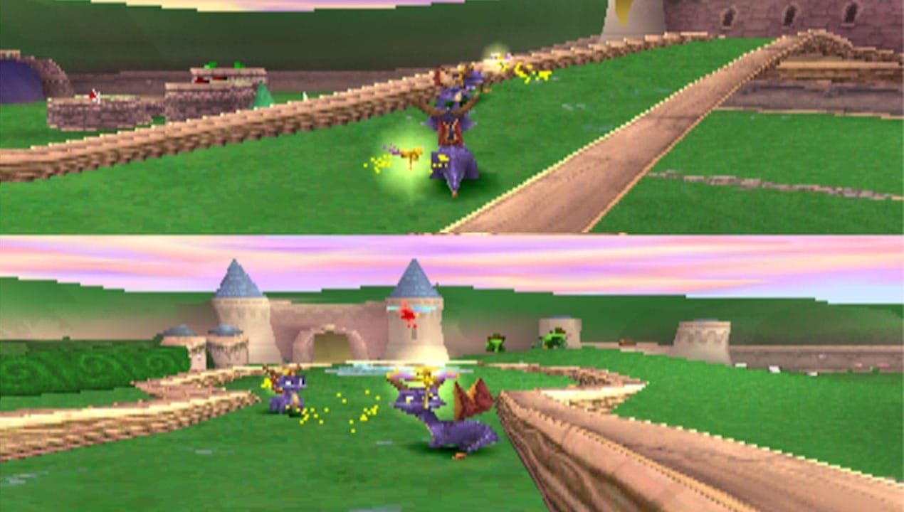 Two Spyros running around a level with horizontal split-screen