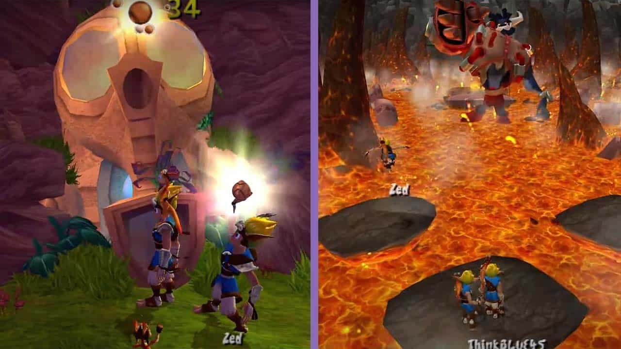 Two images from the online multiplayer mod for Jak Daxter