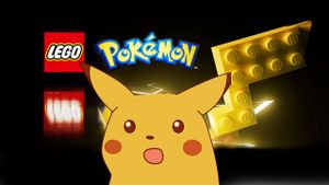 LEGO & Pokémon Logos with surprised Pikachu and a LEGO Pikachu tail