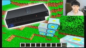 Minecraft on the PS2 with a PS2 superimposed over the image.