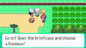 Character dialogue on a Pokémon game in GBA graphics style