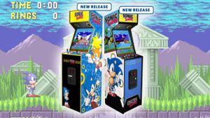 Two arcade cabinets on a Sonic level background