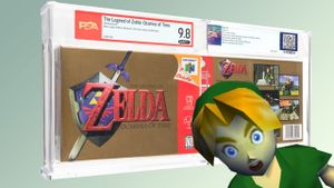 Copy of Ocarina of Time, Mint PSA A++ with Young Link looking shocked superimposed over the top