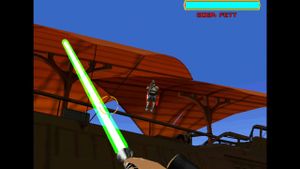 Green Lightsaber pointing towards Boba Fett