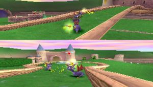 Two Spyros running around a level with horizontal split-screen