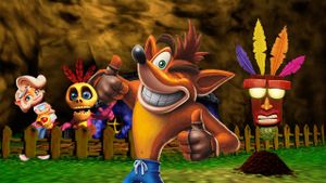 Crash and Mumbo jumbo as well as Aku Aku and Coco outside Banjo's house