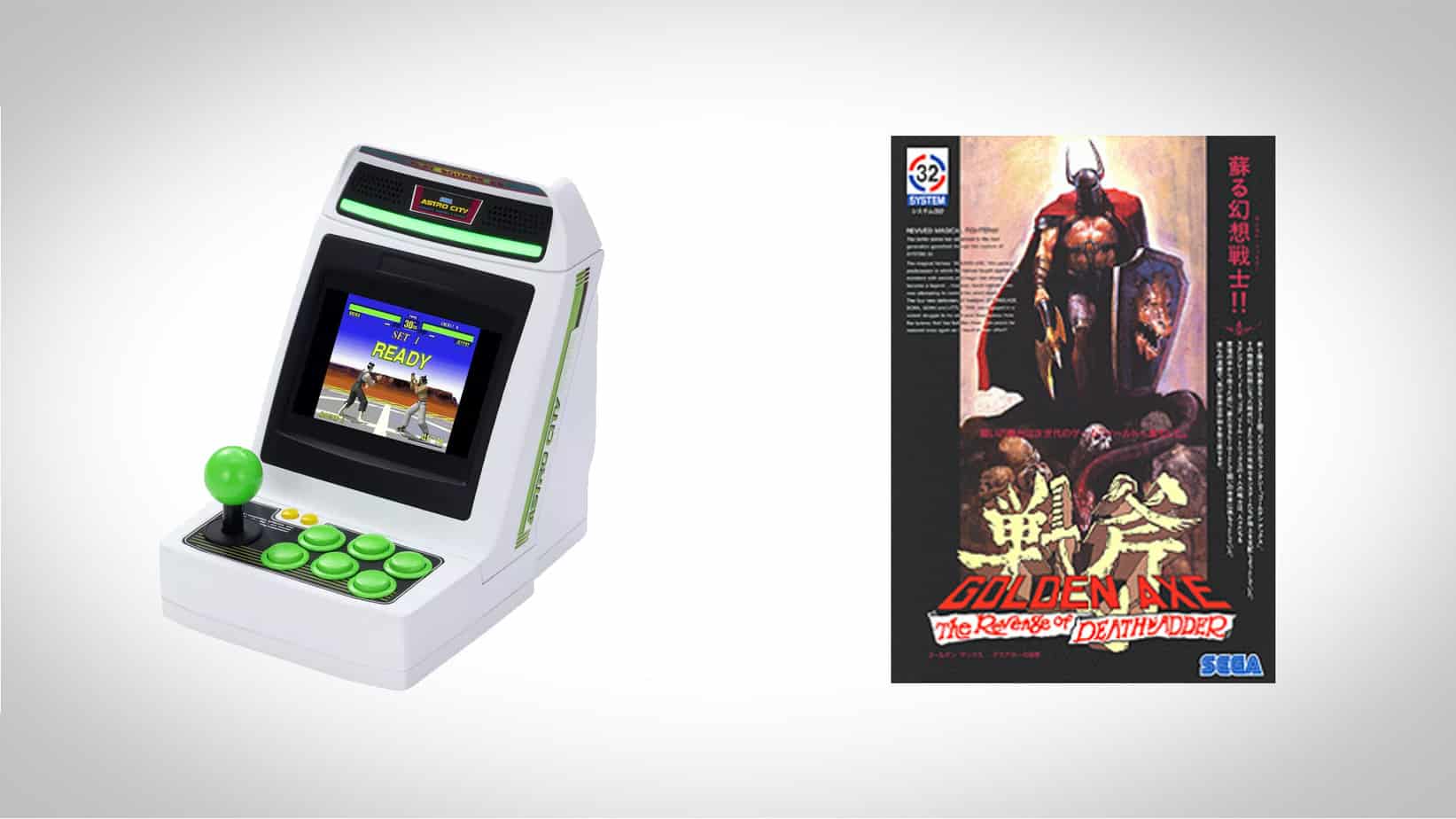 The new Astro City Mini arcade console next to a promo picture for Revenge of Death Adder, a new Golden Axe game for the console. 
