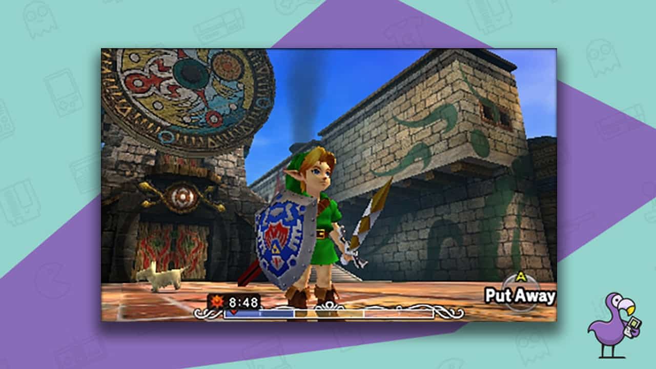 Majora's Mask gameplay showing Link standing in Clock Town and holding the Gilded Sword