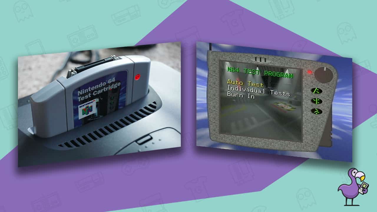 N64 Test Cartridge in an N64 (left) with a load up screen (right)