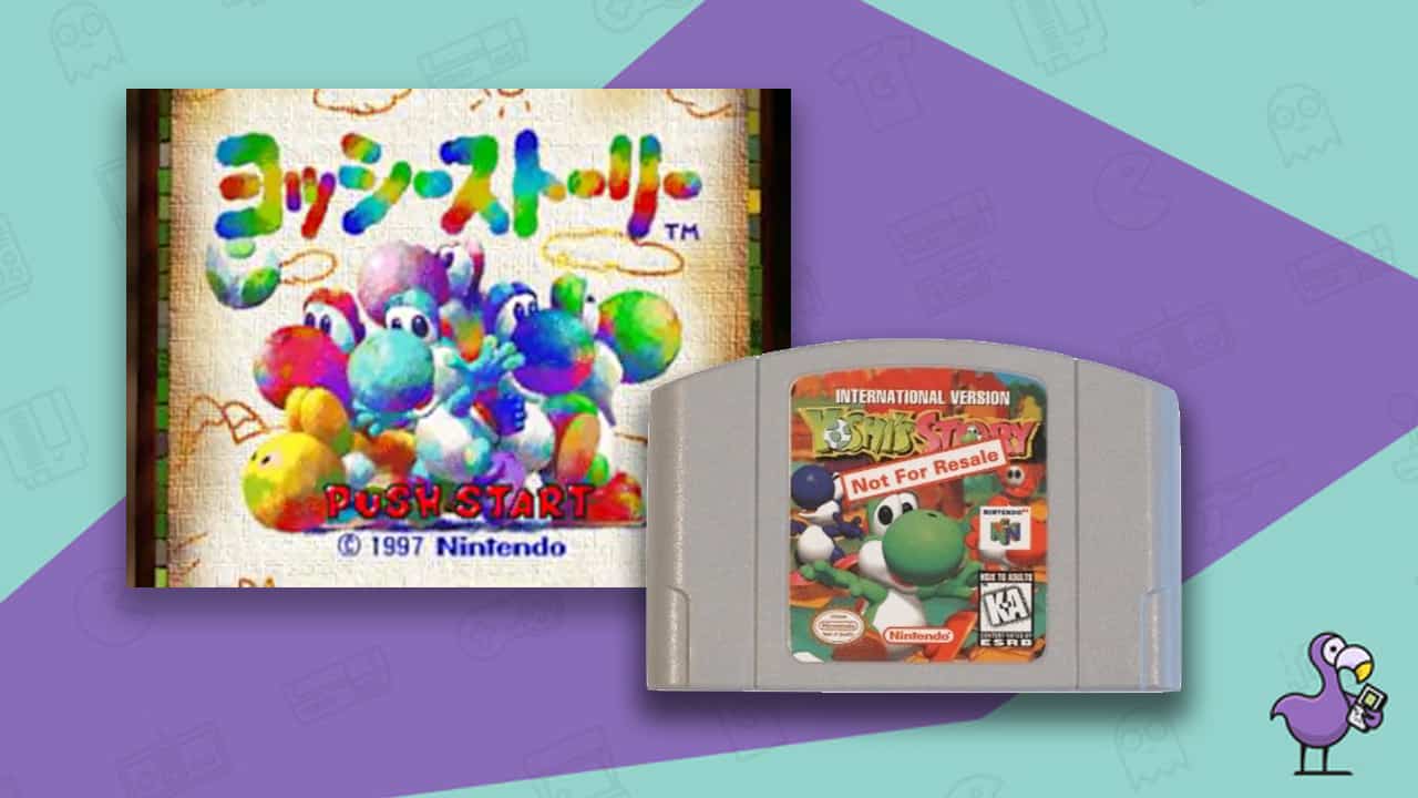 Yoshi's Story International Release start screen (left) and game cartridge (right)
