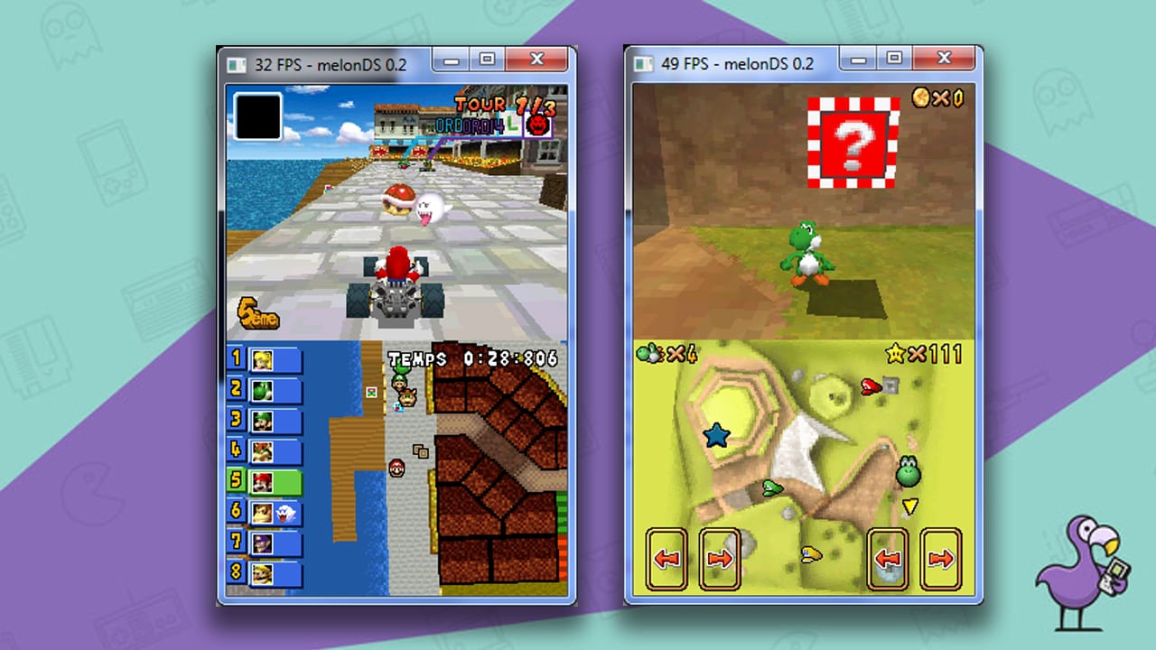 MelonDS Best Nintendo DS emulators gameplay screens showing Mario Kart DS and Super Mario 64 DS
