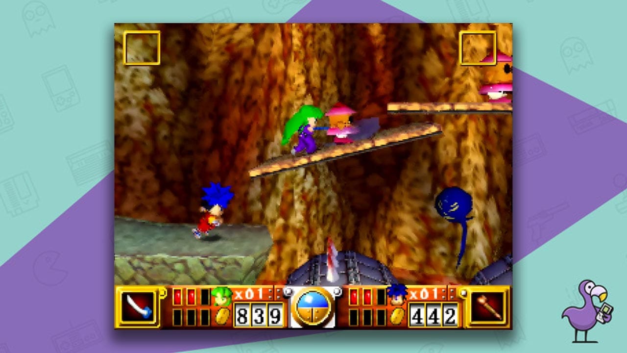 Goemon’s Great Adventure gameplay - Goeman and Yae moving up a ramp towards enemies