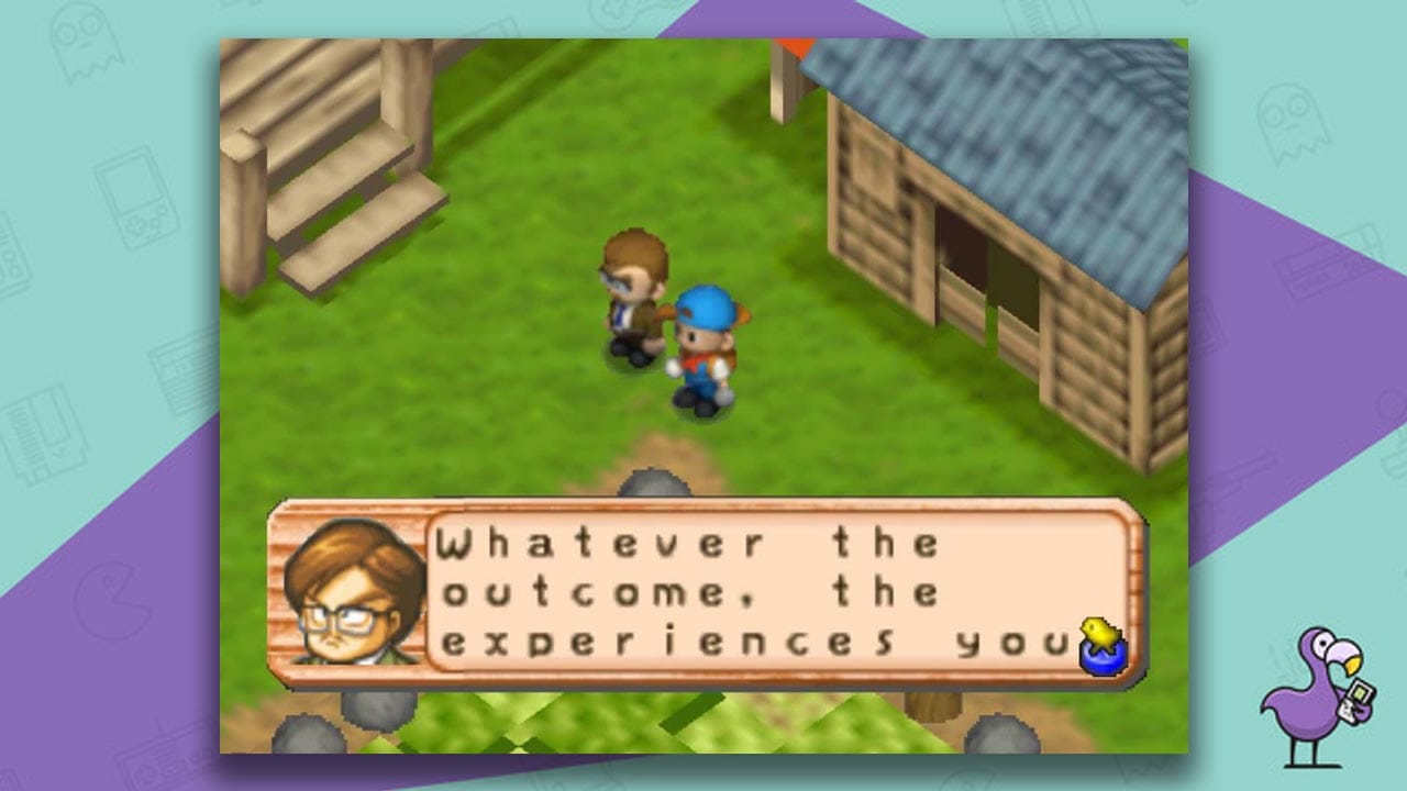 Harvest Moon 64 gameplay - two players talking near a farm building.