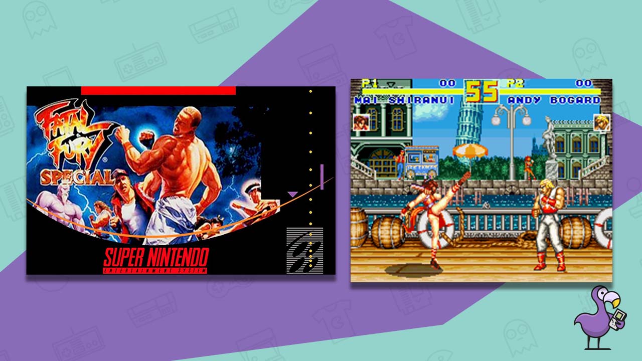 Super Nintendo Entertainment System game box and gameplay still for fatal fury special