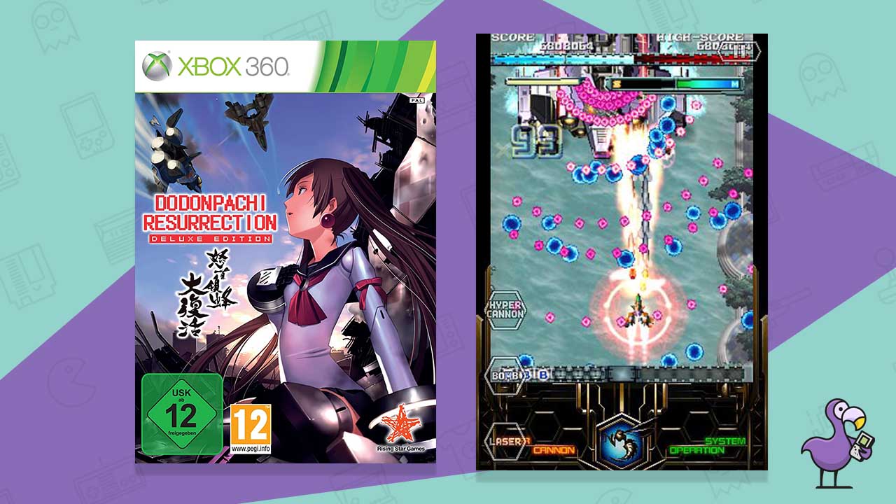 Xbox 360 edition of Dodonpachi Resurrection: Deluxe Edition (left) and gameplay still of a ship moving up the screen towards a larger craft (right)