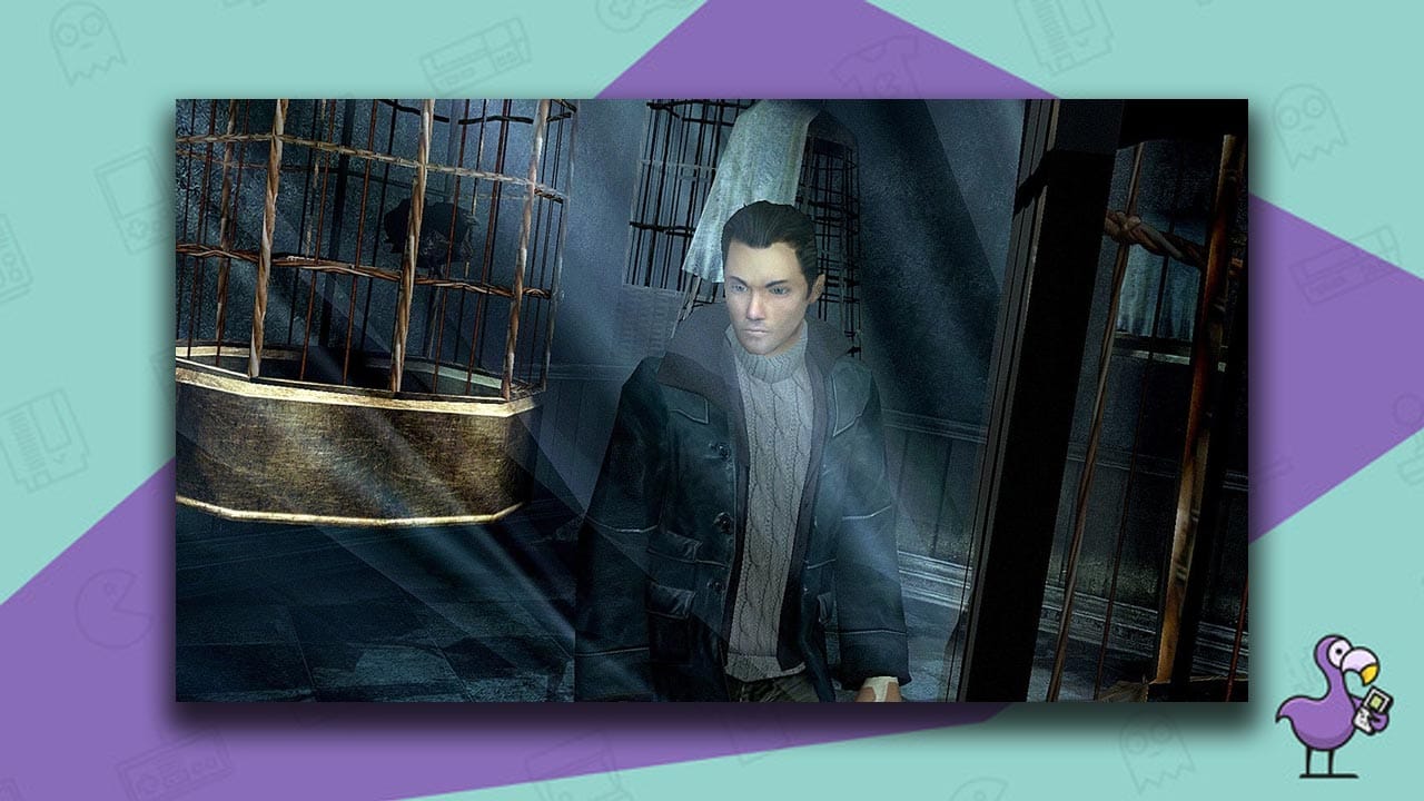Farenheit - a character wearing a coat and jumper standing beside empty birdcages. 