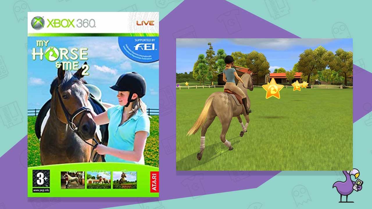 My horse and me 2 xbox 360 game case (left) and gameplay of a character riding a horse through stars floating above grass (right)