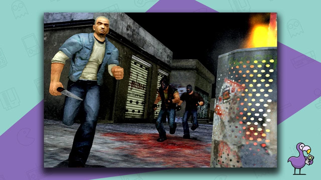 Manhunt gameplay - a man with a knife running away from two men in balaclavas,