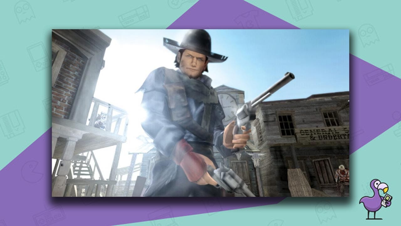 Red Dead Revolver gameplay - character dressed in cowboy gear holding two guns looking at the camera
