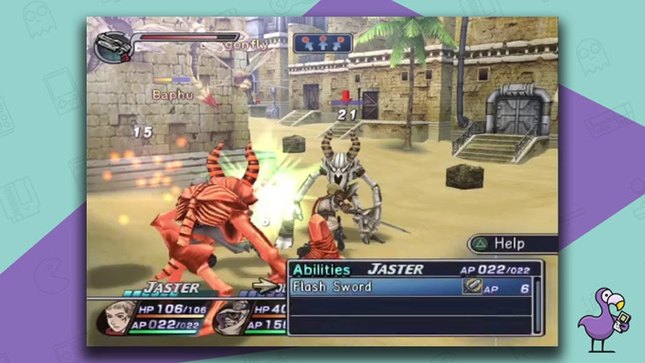 Two creatures (the same species but one red and one white) fighting in a street - Rogue Galaxy gameplay