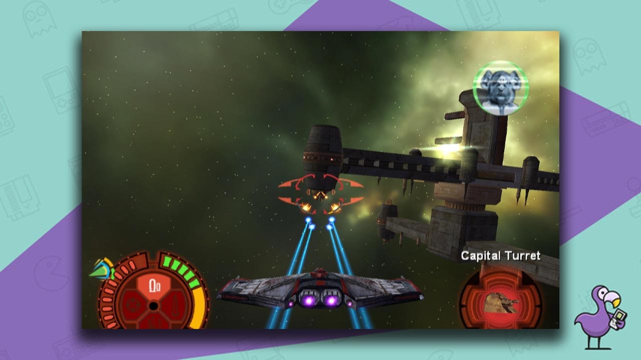 Star Wars: Jedi Starfighter gameplay - A space figheer attacking an enemy