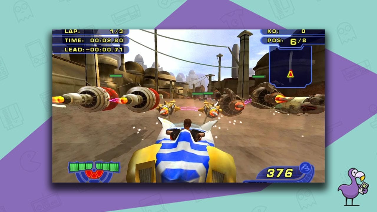 Star Wars: Racer Revenge gameplay - Anakin's Pod Racer wedged between two other Pods while racing down a sandy track. 