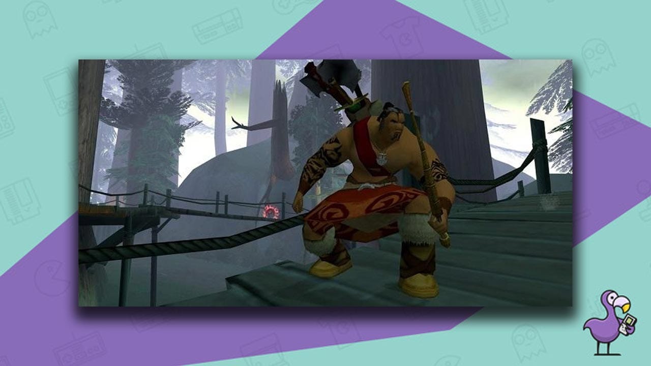The Mark of Kri - The main character Rau is standing on a bridge between trees. 