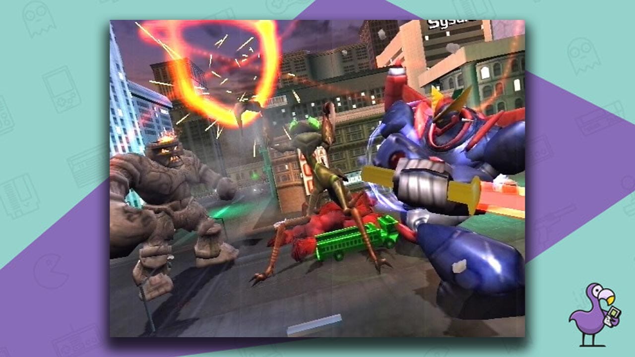 War of the Monsters PS4 gameplay, with multiple monsters battling close-up in a street