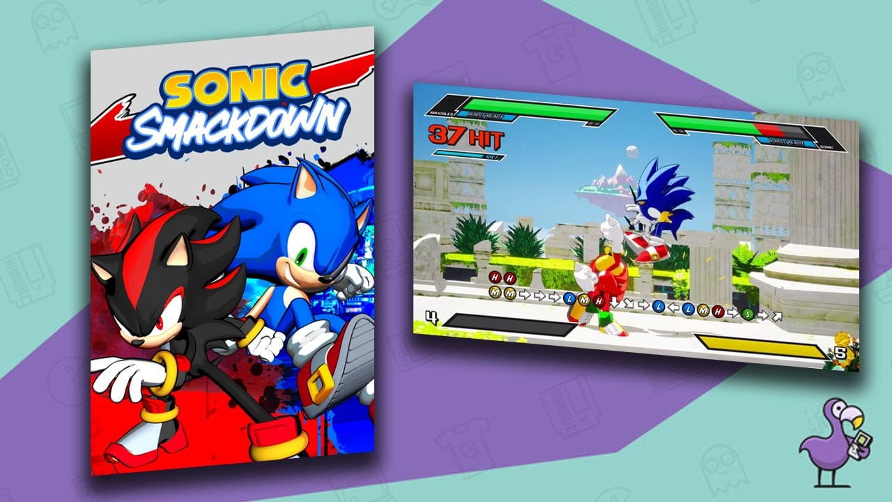Game cover artwork for Sonic Smackdown with Sonic and Knuckles fighting during gameplay