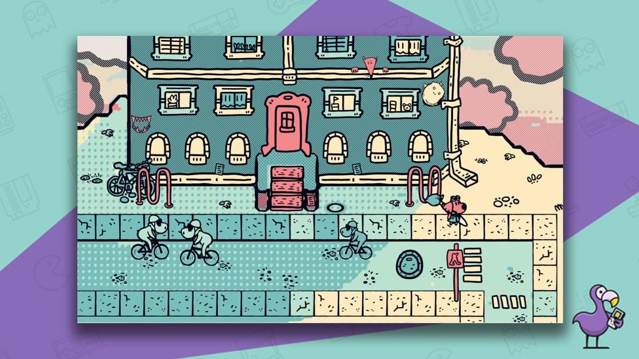 Chicory: A Colorful Tale gameplay - a dog holding a paintbrush and three other dogs on bikes in front of a blue building with a red door.