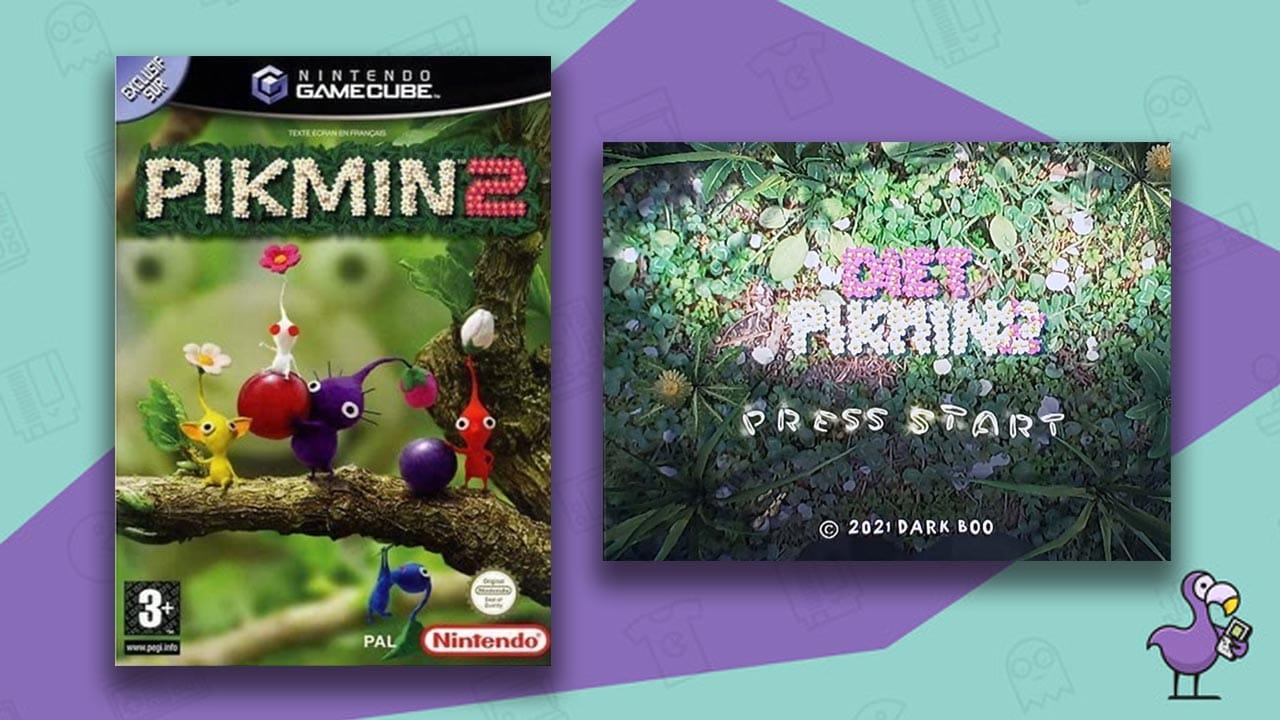 The original Pikmin 2 game case and the 'Diet Pikmin' loading screen