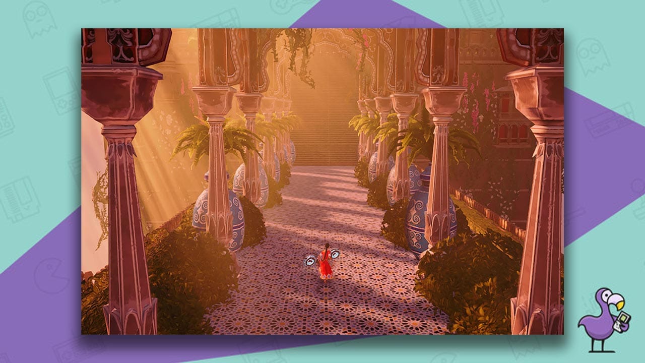 Raji An Ancient Epic gameplay, with Raji moving along a courtyard lined with large columns, bushes, and urns