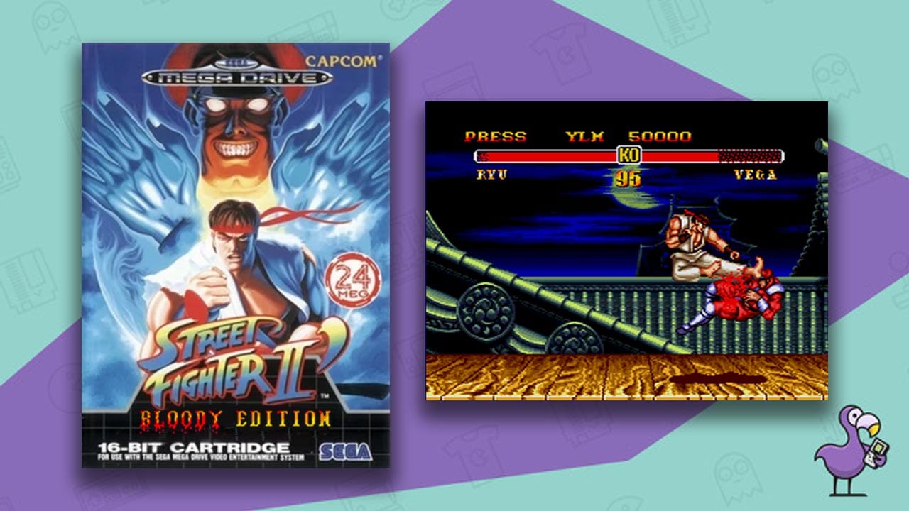 Street Fighter 2 game case with the addition 'Bloody Edition' written underneath, and Gameplay showing Ryu fighting Vega