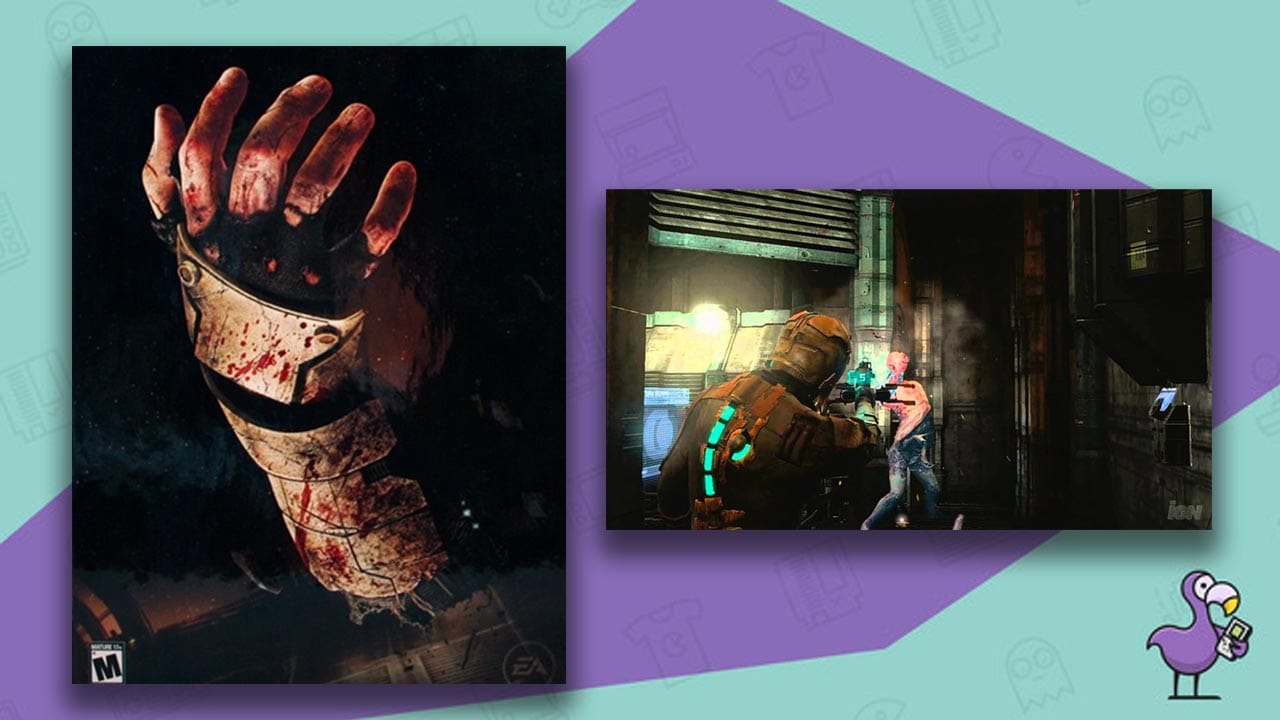 Dead Space (Ultra Limited Edition) Xbox 360 case (left) and gameplay showing a player shooting an enemy (right)
