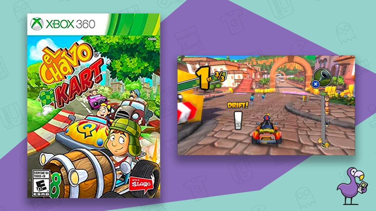 Game box for the Xbox 360 version of El Chavo Kart (left) and gameplay of a  player racing along a cobbled street (right)