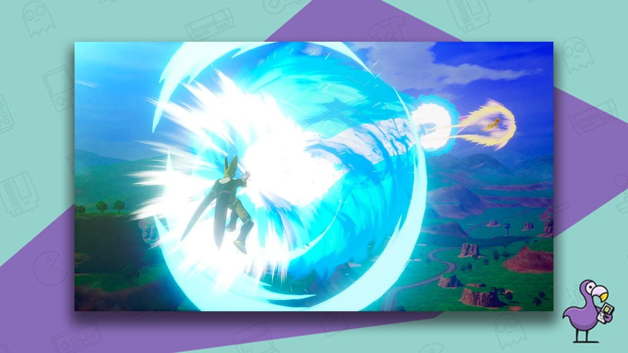 Dragon Ball Z: Kakarot gameplay, showing a character in the sky firing a massive blue explosion towards another character in the distance
